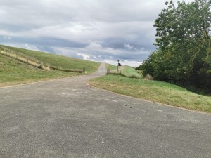 Verharde weg over een dijk met splitsing.